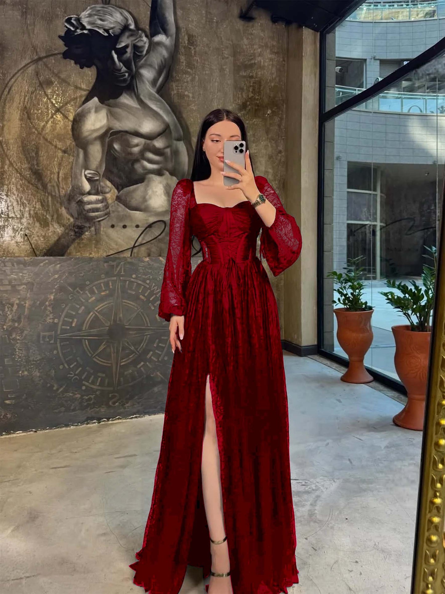 Sweetheart Long Sleeves Pleated Long A Line Prom Dress With Split And Lace