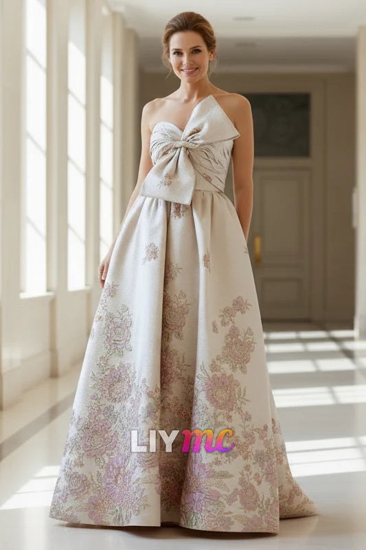 Ivory Strapless Brocade Floral Ball Gown With Bow Detail