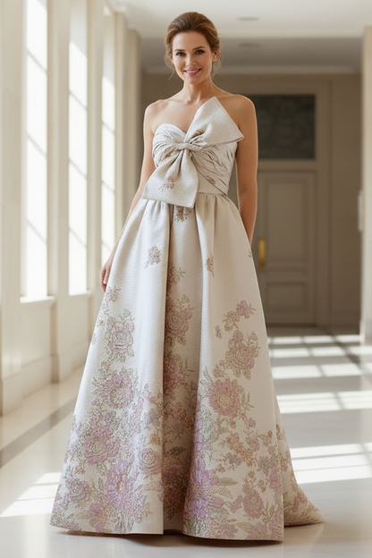 Ivory Strapless Brocade Floral Ball Gown With Bow Detail
