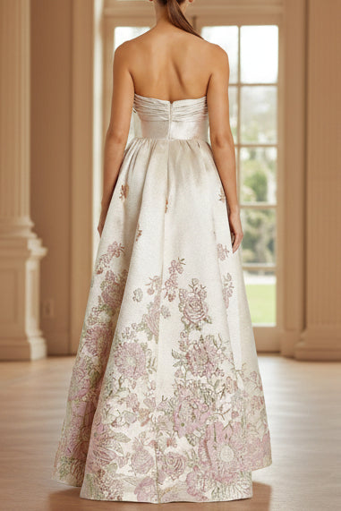 Ivory Strapless Brocade Floral Ball Gown With Bow Detail