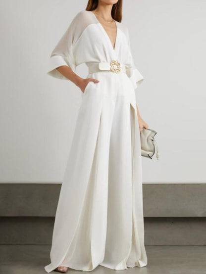 splice deep v neck tie up waist wide leg chiffon jumpsuit