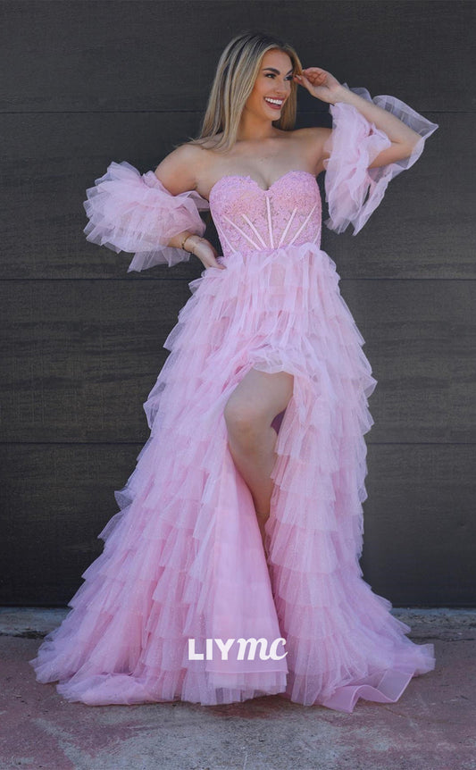 LP775 - A Line Sweetheart Tulle Tiered Pink Long Formal Prom Dress with Slit