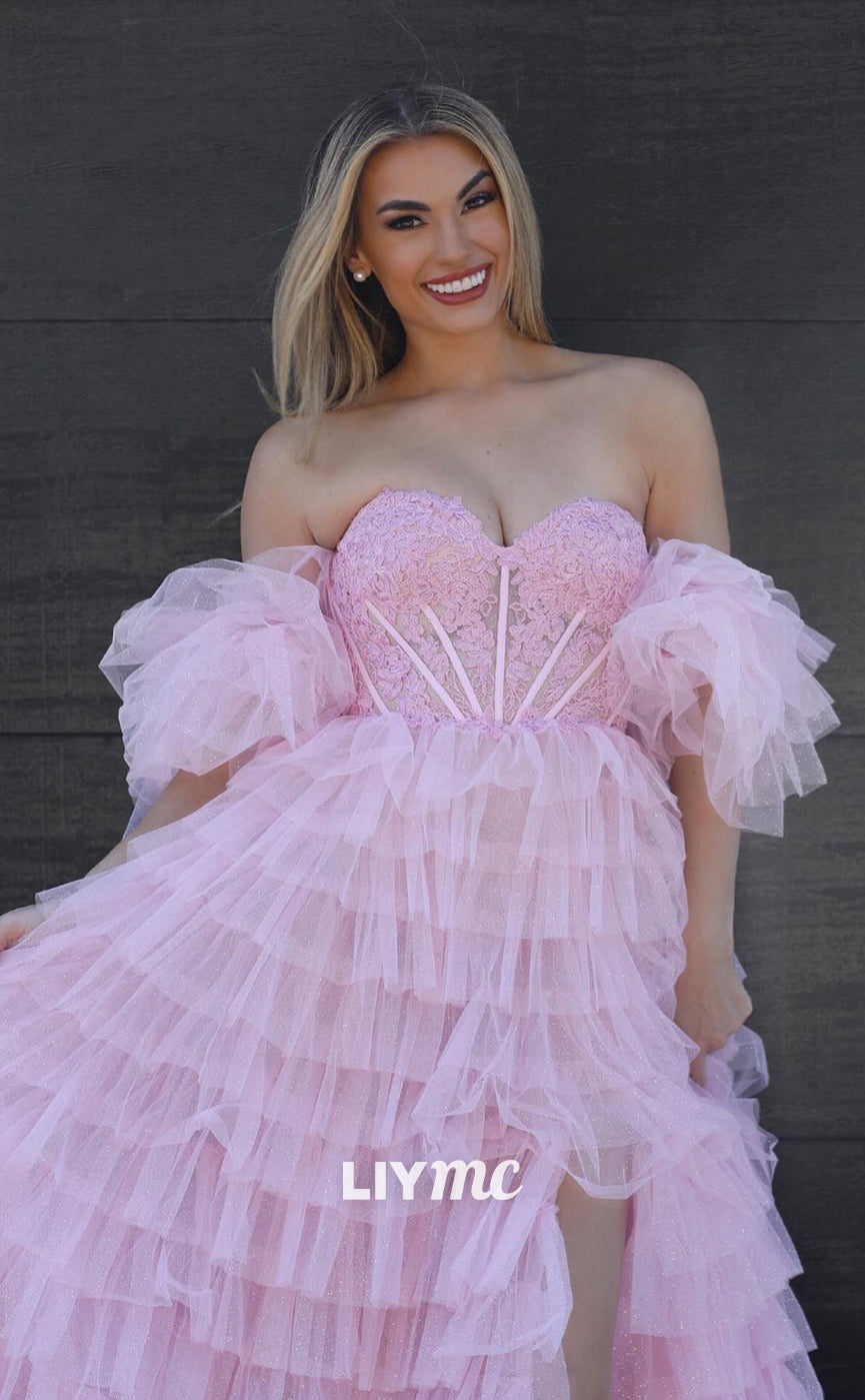 LP775 - A Line Sweetheart Tulle Tiered Pink Long Formal Prom Dress with Slit