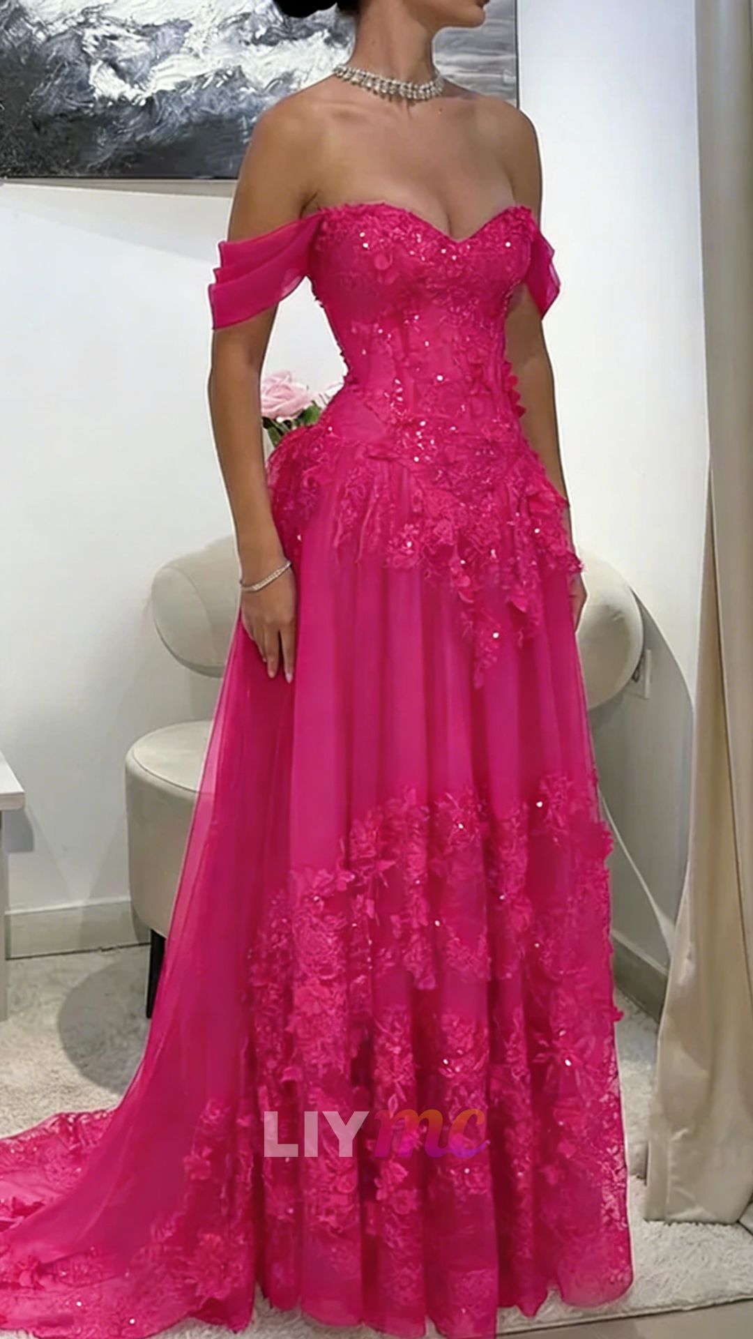 Off-Shoulder Appliques Tulle A-Line Corset Prom Dress