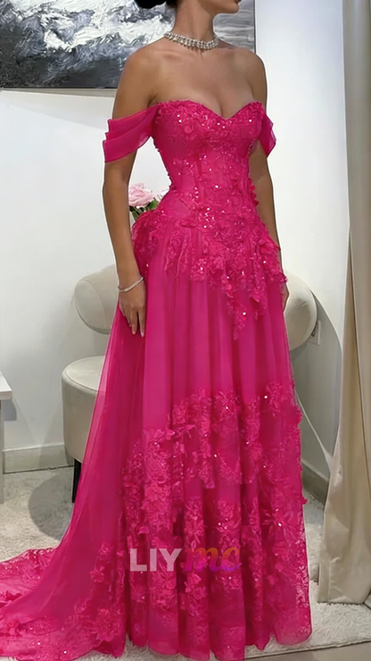 Off-Shoulder Appliques Tulle A-Line Corset Prom Dress