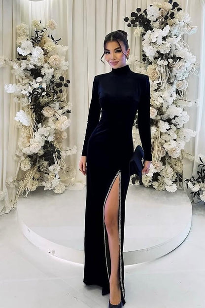 High Neck Long Sleeves Long Split Prom Dress With Pleated Sequins