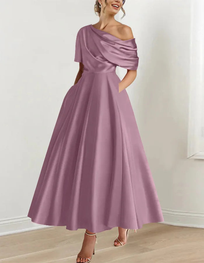 One Shoulder Solid Color Midi Dress