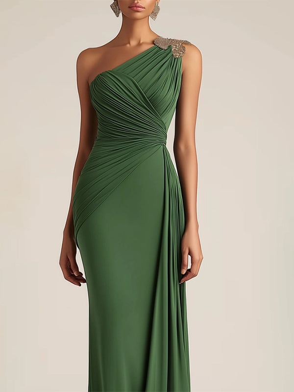 Formal Evening Dress Green One-Shoulder Ruched Floor-Length Dress