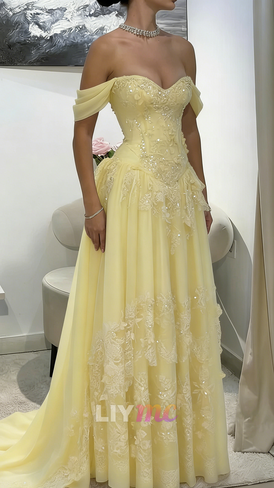 Off-Shoulder Appliques Tulle A-Line Corset Prom Dress