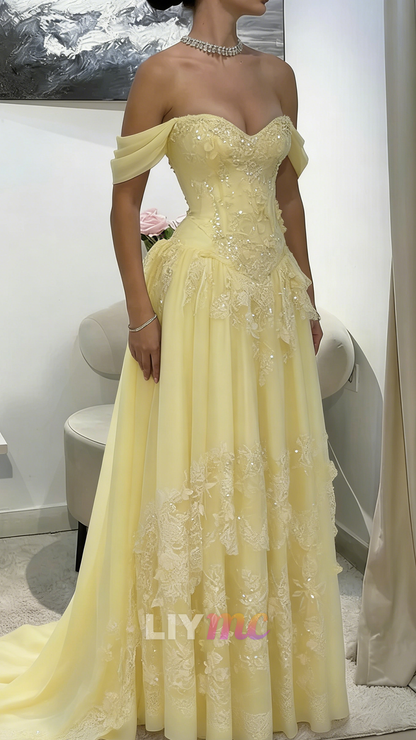 Off-Shoulder Appliques Tulle A-Line Corset Prom Dress
