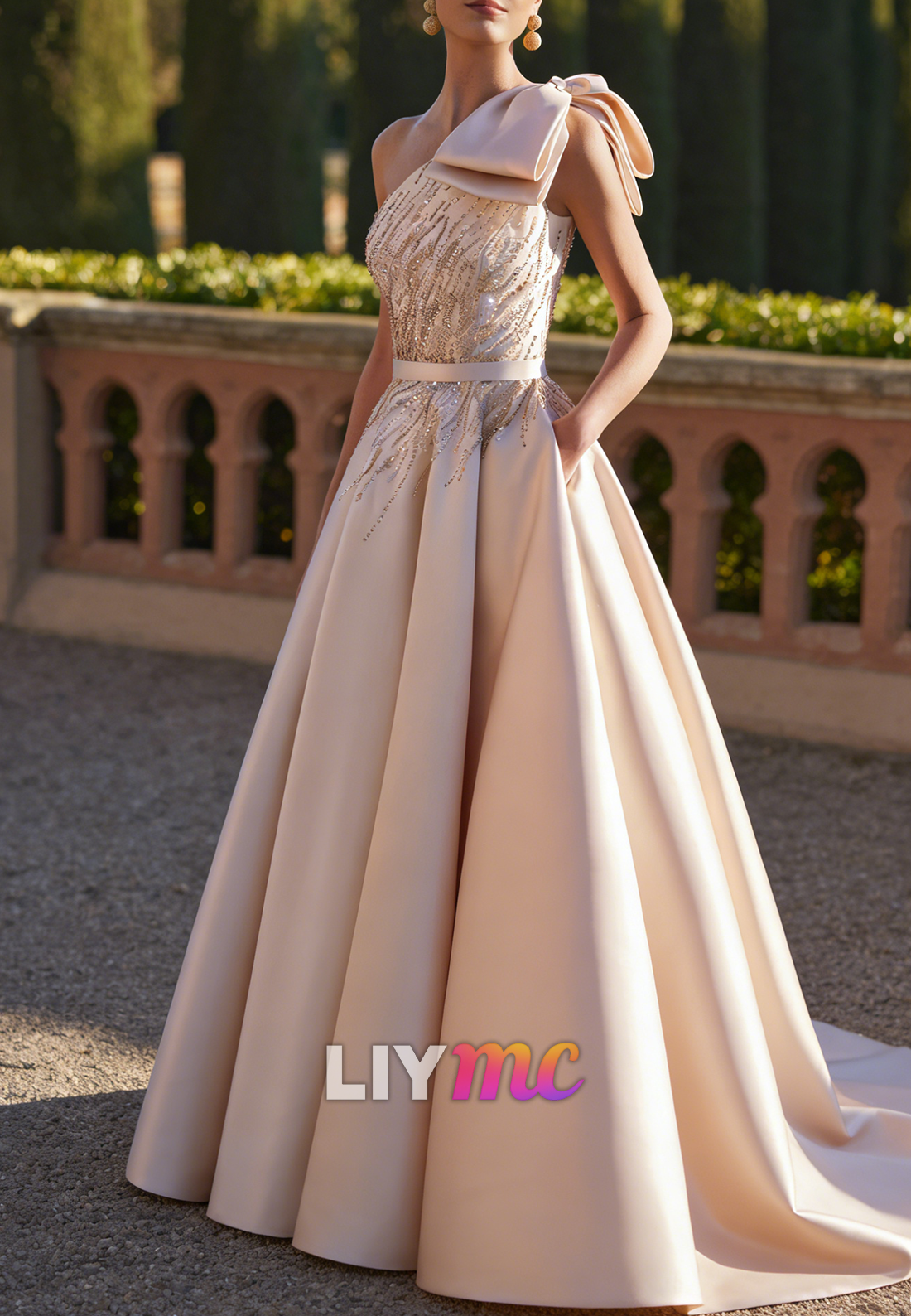 One Shoulder Beaded Bow A-Line Satin Mother of Bride Dress