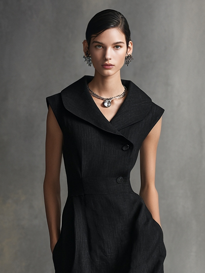 Women's Sophisticated Linen Blend Black Sleeveless Wide-Collar Double-Breasted Belted Asymmetric Maxi Dress