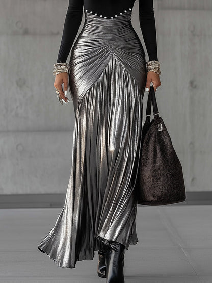 Black Round Neck Metallic Silver Pleated Maxi Dress