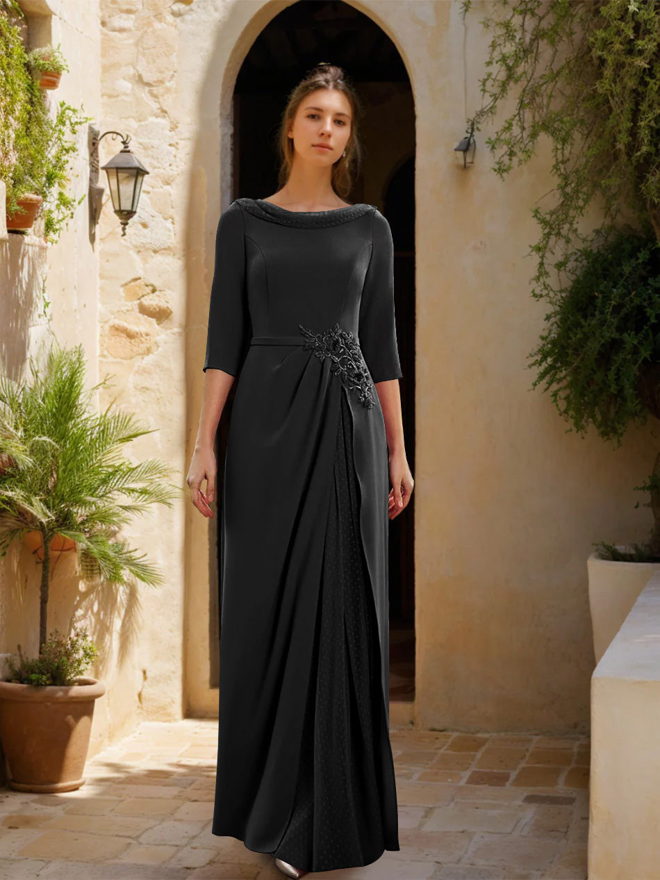 Sheath/Column Cowl Neck 3/4 Sleeves Floor-Length Mother of the Bride Dresses with Tulle & Sash & Slit & Jewel Appliques