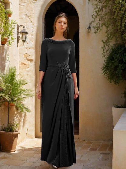 Sheath/Column Cowl Neck 3/4 Sleeves Floor-Length Mother of the Bride Dresses with Tulle & Sash & Slit & Jewel Appliques