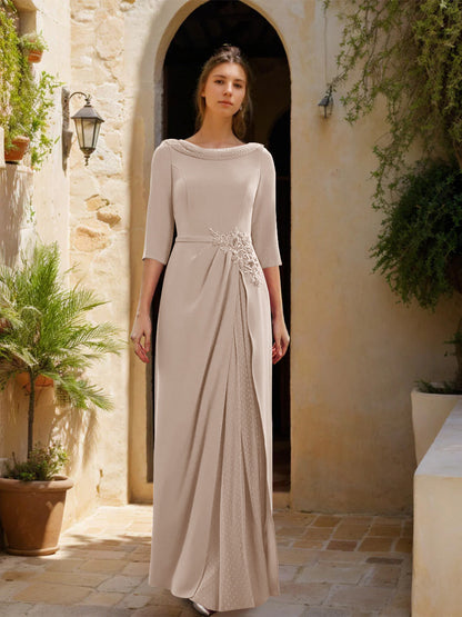 Sheath/Column Cowl Neck 3/4 Sleeves Floor-Length Mother of the Bride Dresses with Tulle & Sash & Slit & Jewel Appliques