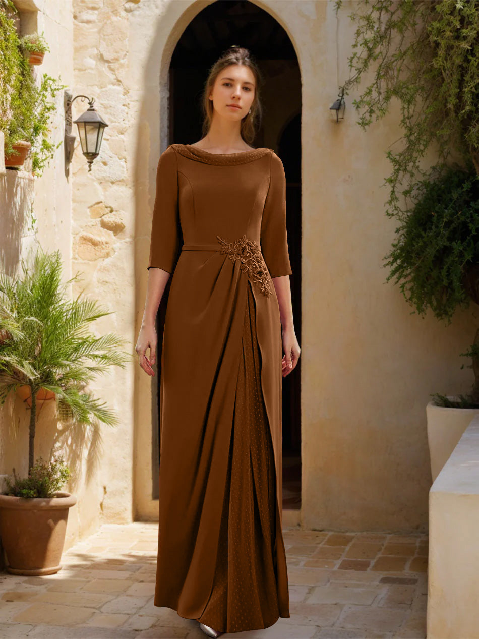 Sheath/Column Cowl Neck 3/4 Sleeves Floor-Length Mother of the Bride Dresses with Tulle & Sash & Slit & Jewel Appliques