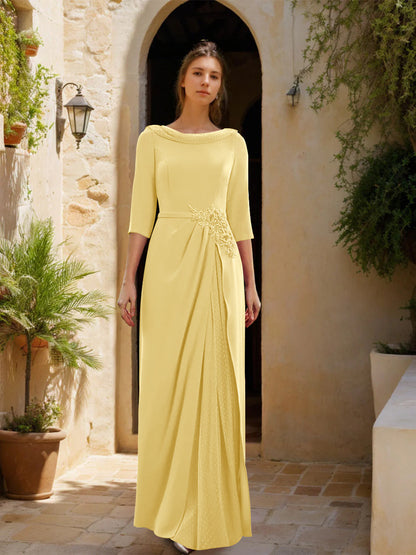 Sheath/Column Cowl Neck 3/4 Sleeves Floor-Length Mother of the Bride Dresses with Tulle & Sash & Slit & Jewel Appliques