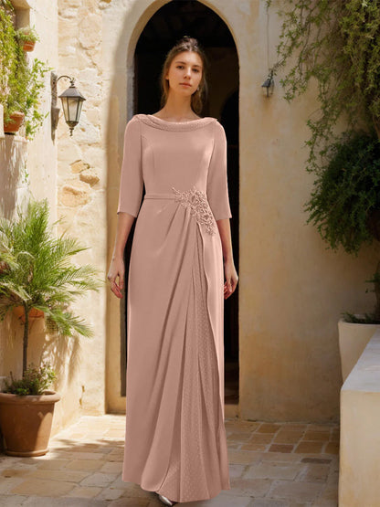 Sheath/Column Cowl Neck 3/4 Sleeves Floor-Length Mother of the Bride Dresses with Tulle & Sash & Slit & Jewel Appliques