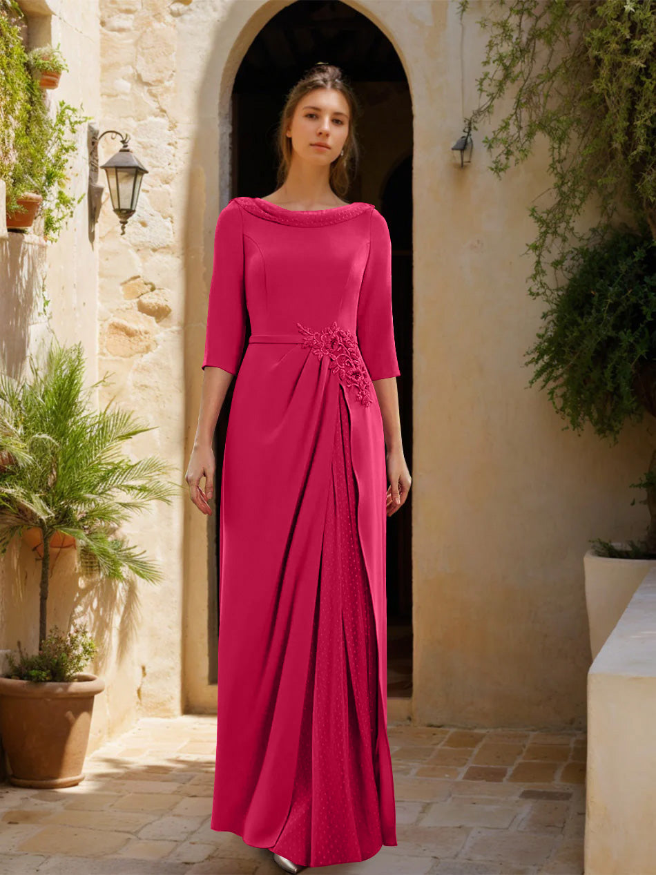 Sheath/Column Cowl Neck 3/4 Sleeves Floor-Length Mother of the Bride Dresses with Tulle & Sash & Slit & Jewel Appliques