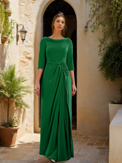 Sheath/Column Cowl Neck 3/4 Sleeves Floor-Length Mother of the Bride Dresses with Tulle & Sash & Slit & Jewel Appliques