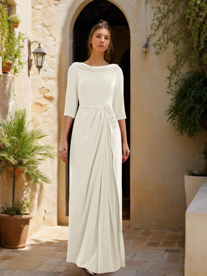 Sheath/Column Cowl Neck 3/4 Sleeves Floor-Length Mother of the Bride Dresses with Tulle & Sash & Slit & Jewel Appliques