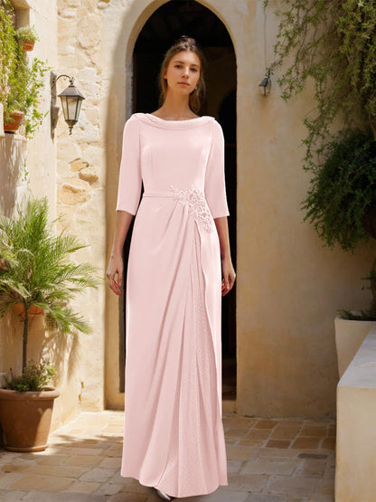 Sheath/Column Cowl Neck 3/4 Sleeves Floor-Length Mother of the Bride Dresses with Tulle & Sash & Slit & Jewel Appliques