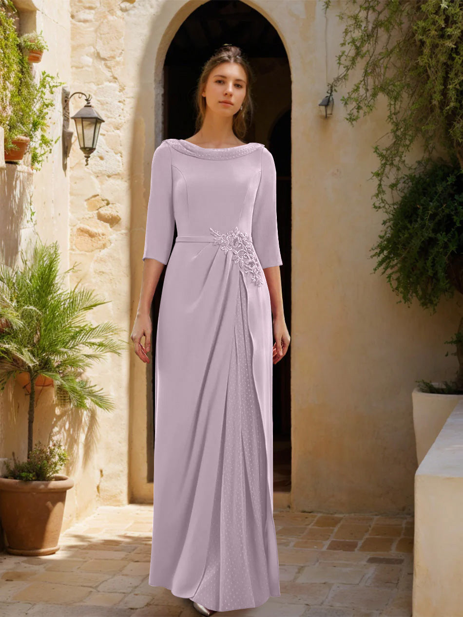 Sheath/Column Cowl Neck 3/4 Sleeves Floor-Length Mother of the Bride Dresses with Tulle & Sash & Slit & Jewel Appliques