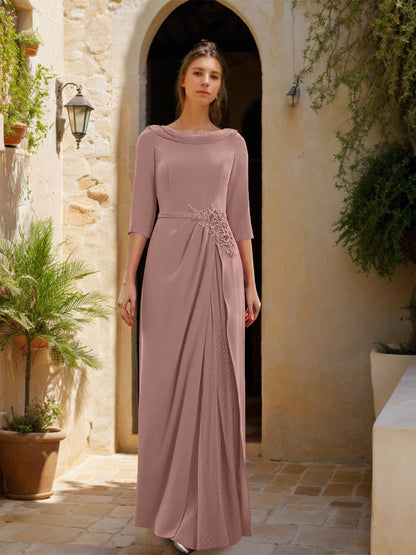 Sheath/Column Cowl Neck 3/4 Sleeves Floor-Length Mother of the Bride Dresses with Tulle & Sash & Slit & Jewel Appliques