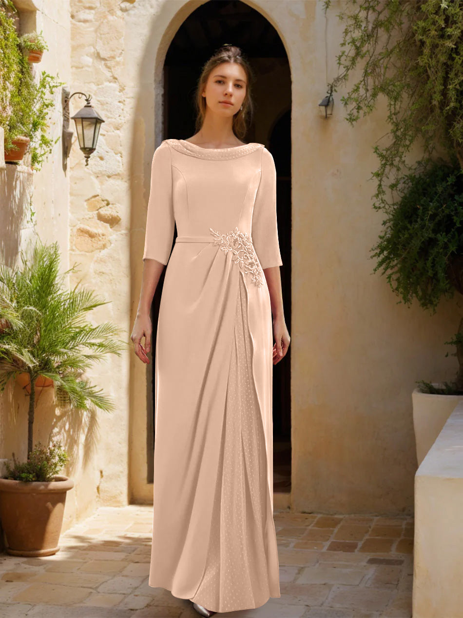Sheath/Column Cowl Neck 3/4 Sleeves Floor-Length Mother of the Bride Dresses with Tulle & Sash & Slit & Jewel Appliques