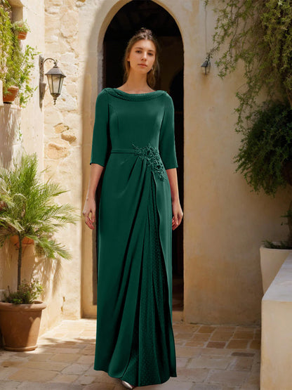 Sheath/Column Cowl Neck 3/4 Sleeves Floor-Length Mother of the Bride Dresses with Tulle & Sash & Slit & Jewel Appliques