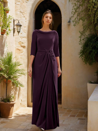 Sheath/Column Cowl Neck 3/4 Sleeves Floor-Length Mother of the Bride Dresses with Tulle & Sash & Slit & Jewel Appliques