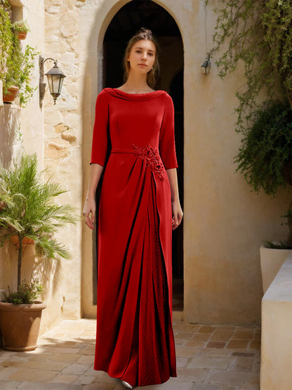 Sheath/Column Cowl Neck 3/4 Sleeves Floor-Length Mother of the Bride Dresses with Tulle & Sash & Slit & Jewel Appliques