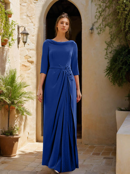 Sheath/Column Cowl Neck 3/4 Sleeves Floor-Length Mother of the Bride Dresses with Tulle & Sash & Slit & Jewel Appliques