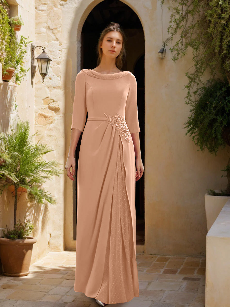 Sheath/Column Cowl Neck 3/4 Sleeves Floor-Length Mother of the Bride Dresses with Tulle & Sash & Slit & Jewel Appliques
