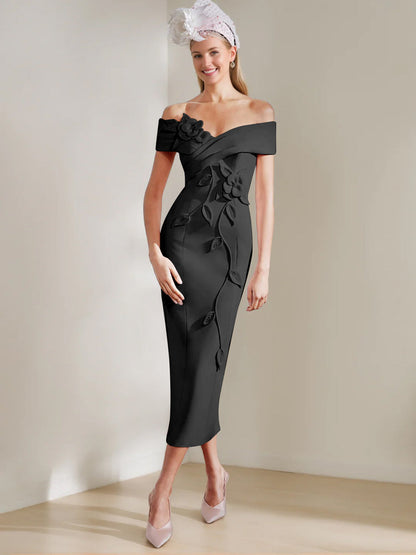 Sheath/Column Off-the-shoulder Tea-Length Mother of the Bride Dresses with 3D Flowers