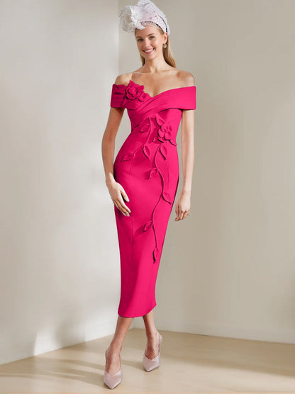 Sheath/Column Off-the-shoulder Tea-Length Mother of the Bride Dresses with 3D Flowers