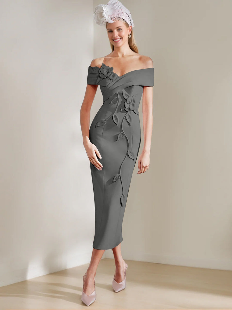 Sheath/Column Off-the-shoulder Tea-Length Mother of the Bride Dresses with 3D Flowers