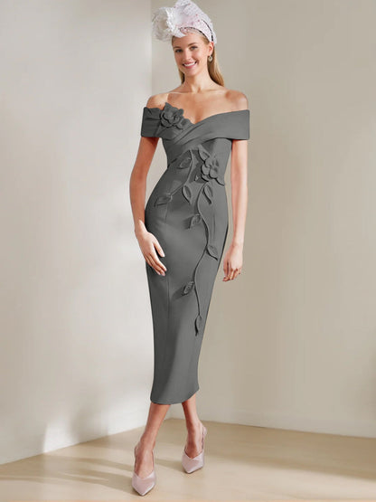 Sheath/Column Off-the-shoulder Tea-Length Mother of the Bride Dresses with 3D Flowers