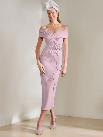 Sheath/Column Off-the-shoulder Tea-Length Mother of the Bride Dresses with 3D Flowers