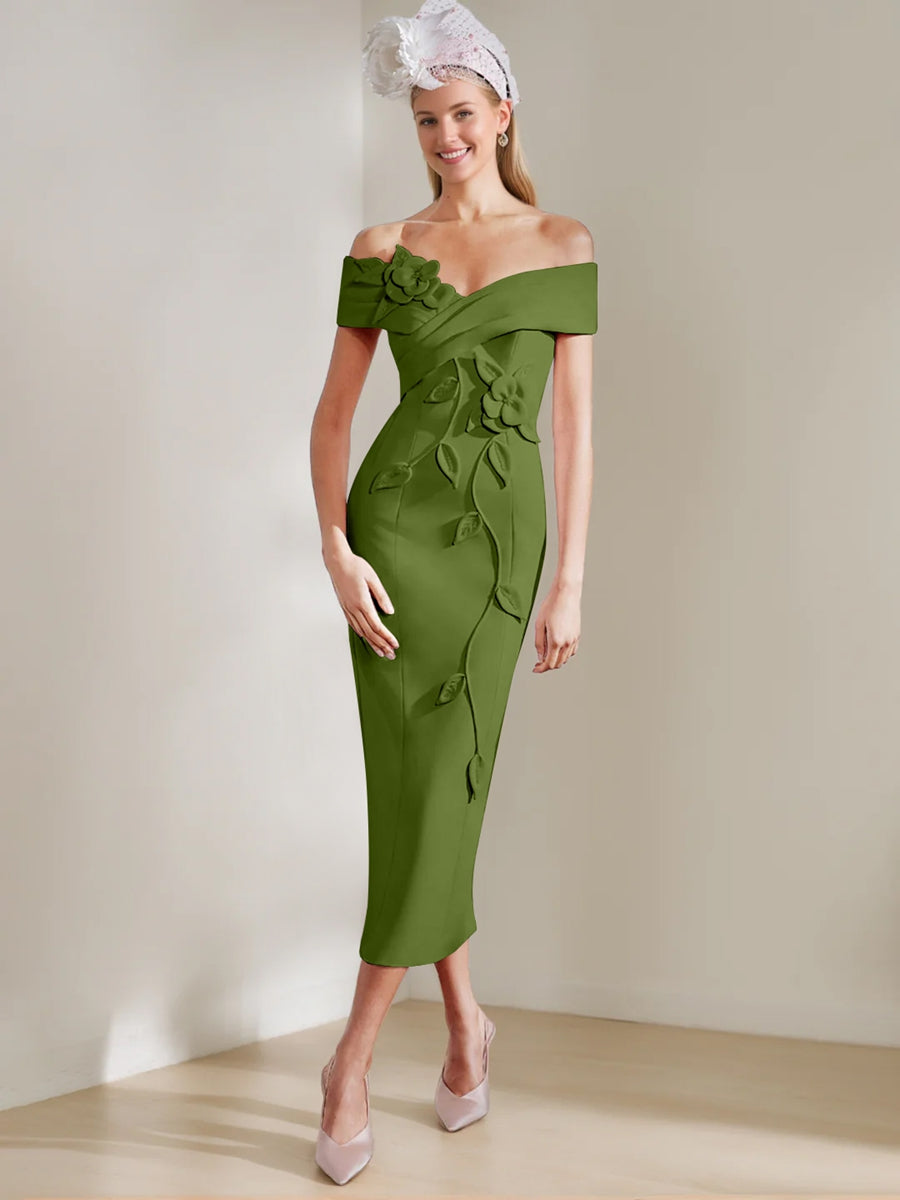 Sheath/Column Off-the-shoulder Tea-Length Mother of the Bride Dresses with 3D Flowers