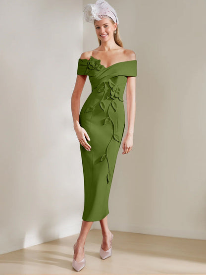 Sheath/Column Off-the-shoulder Tea-Length Mother of the Bride Dresses with 3D Flowers