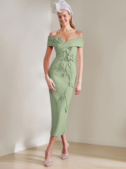 Sheath/Column Off-the-shoulder Tea-Length Mother of the Bride Dresses with 3D Flowers
