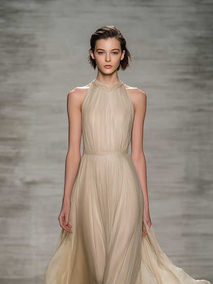 Women's Elegant Apricot-colored Round-neck Sleeveless Chiffon And Organza Long Dress