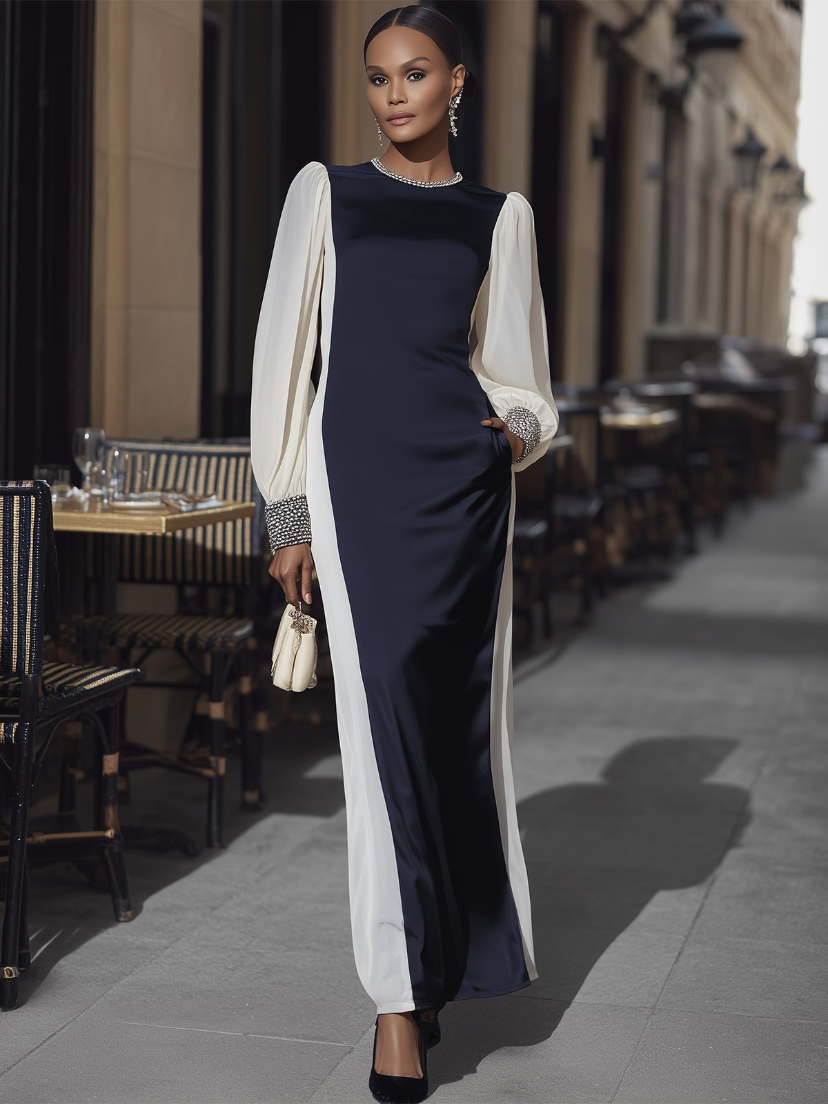 Cream And Navy Satin Color Block Long Sleeve Dress