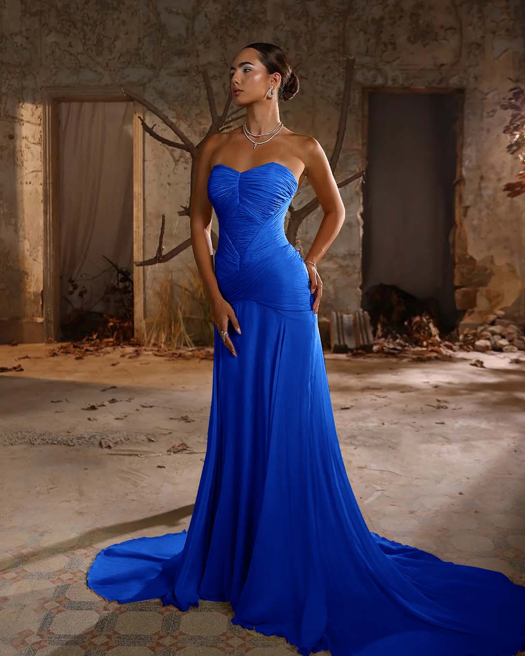 Simple Chiffon Strapless Sleeveless Pleated Long Prom Dress With Pleated