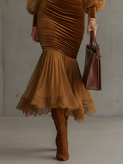 Bronze Velvet And Chiffon Lace Trim Dress
