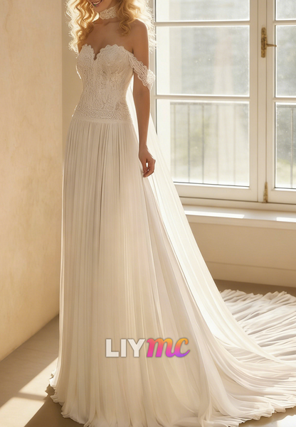 Off-Shoulder Chiffon Pleated Lace Appliques A-Line Wedding Dress