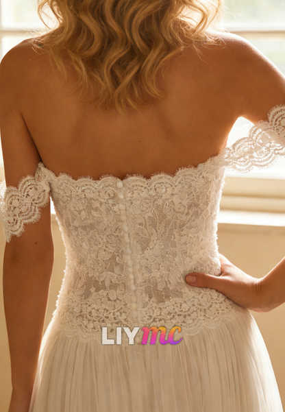Off-Shoulder Chiffon Pleated Lace Appliques A-Line Wedding Dress