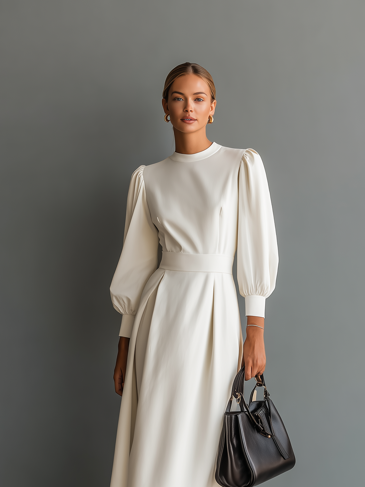 Women's Elegant White Slightly Stretchy Knit Round Neck Long Sleeve Slim Fit Midi Dress
